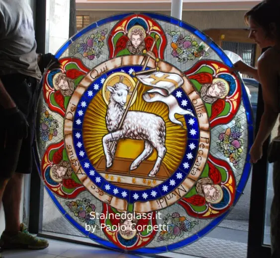 Rosone in vetrata artistica Agnus Dei