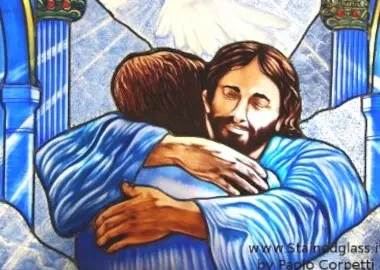 vetrata d'arte  raffigurante l'abbraccio di cristo